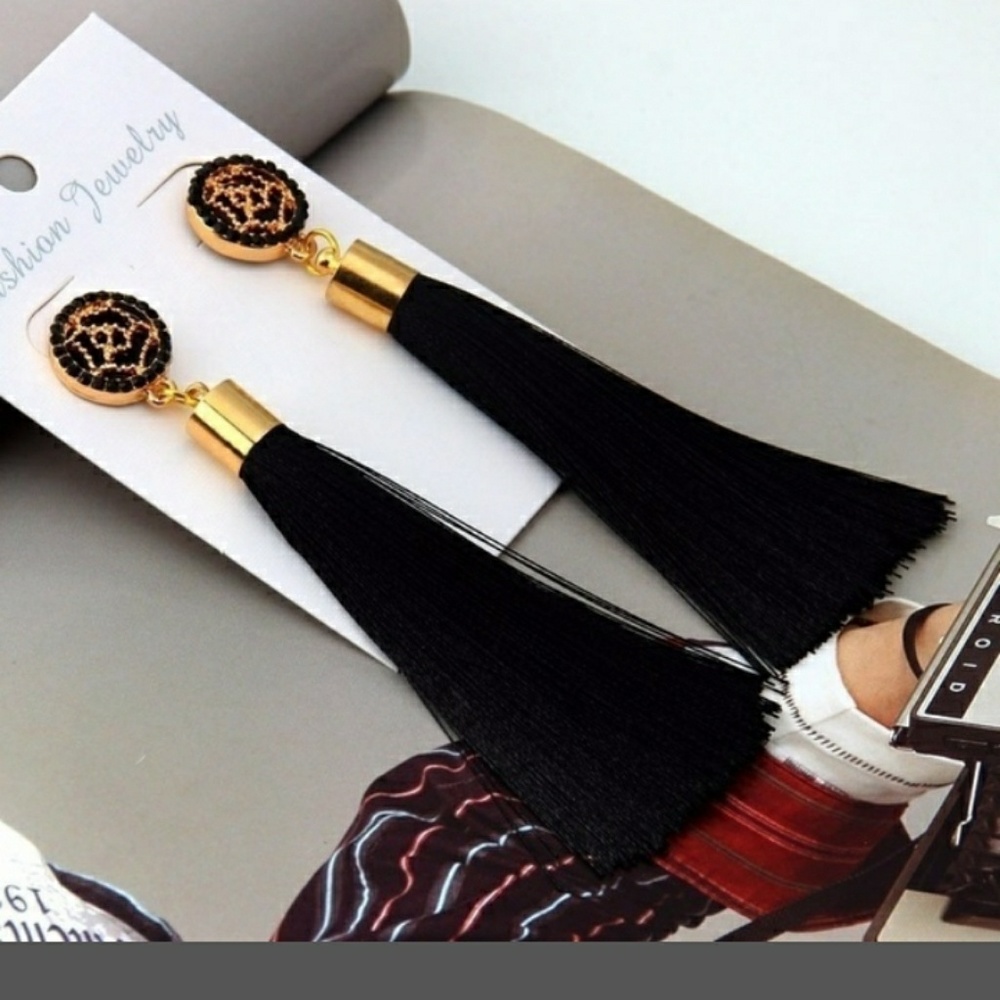 Black Long Tassel Earrings - Picture 1 of 3